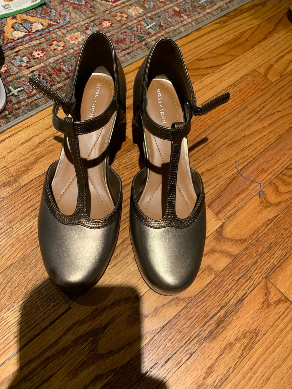 Easy Spirit Metallic T-Strap Heels in Pewter